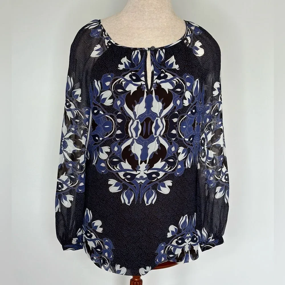 Tory Burch Lisa Blouse 100% Silk Medallion Printe Navy Keyhole Front Top Size 2